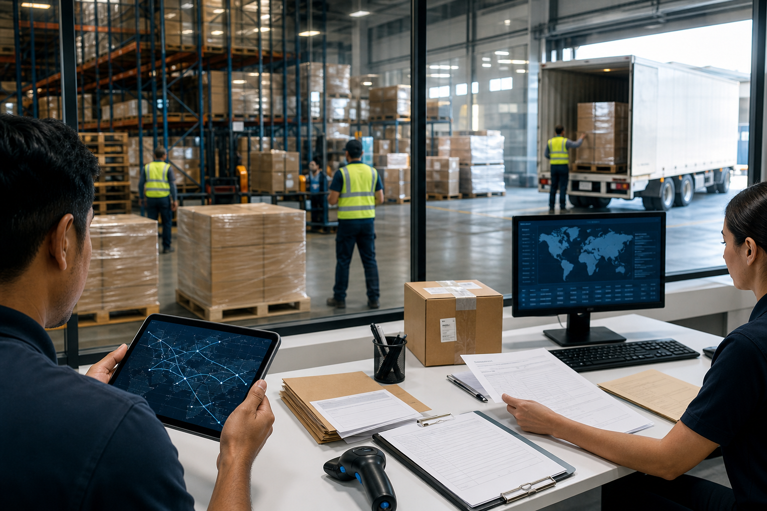 Logistics operations team coordinating warehouse dispatch and tracking